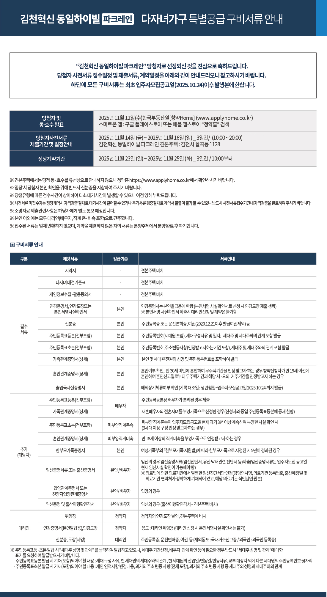 김천혁신 동일하이빌 파크레인 특별공급 다자녀가구